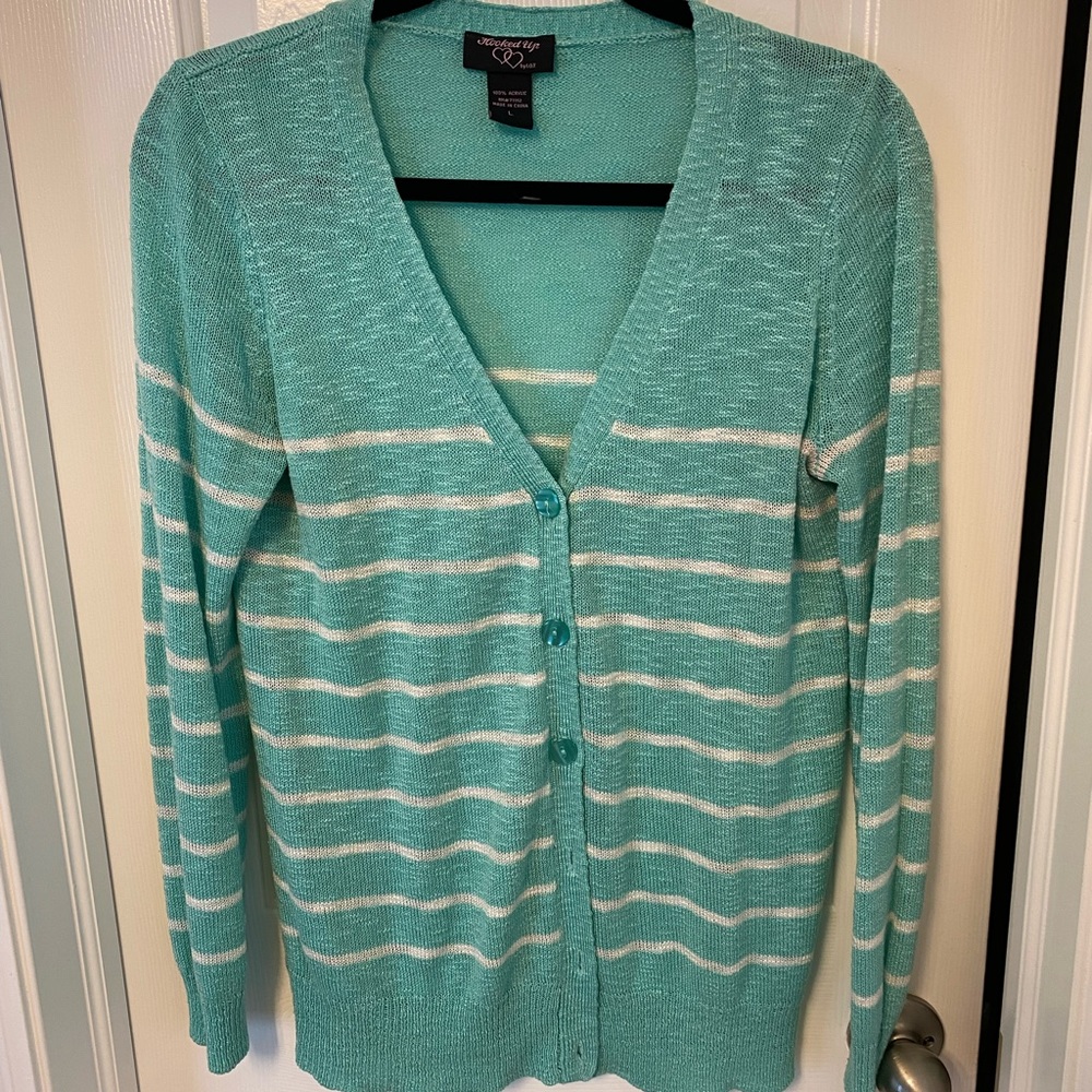 Mint and white stripped cardigan, size L